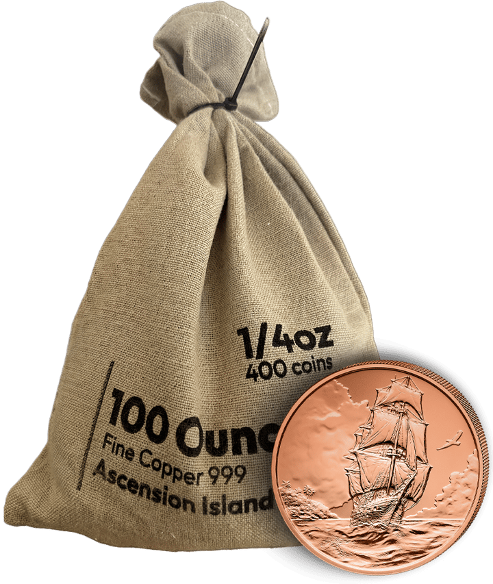 Bolsa con 400 monedas de 1/4 onza de cobre cada una, delante una moneda, imagen