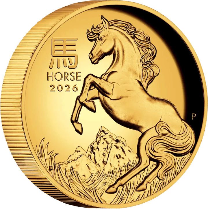 Imagen de la cara del animal: un caballo encabritado ante montañas y praderas, arriba a la izquierda el carácter 馬 y HORSE 2026, a la derecha una P