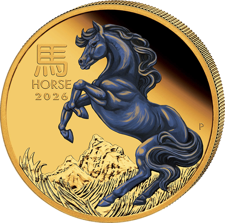 Abbildung der Tierseite: ein farbiges steigendes Pferd vor Bergen und Grasland, links oben das Zeichen 馬 und HORSE 2026, rechts ein P