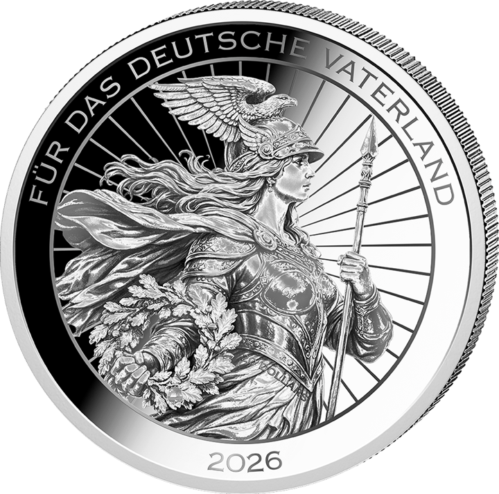 Lado de Germania: Germania con casco, lanza y hojas de roble ante unos rayos, alrededor FÜR DAS DEUTSCHE VATERLAND y 2026