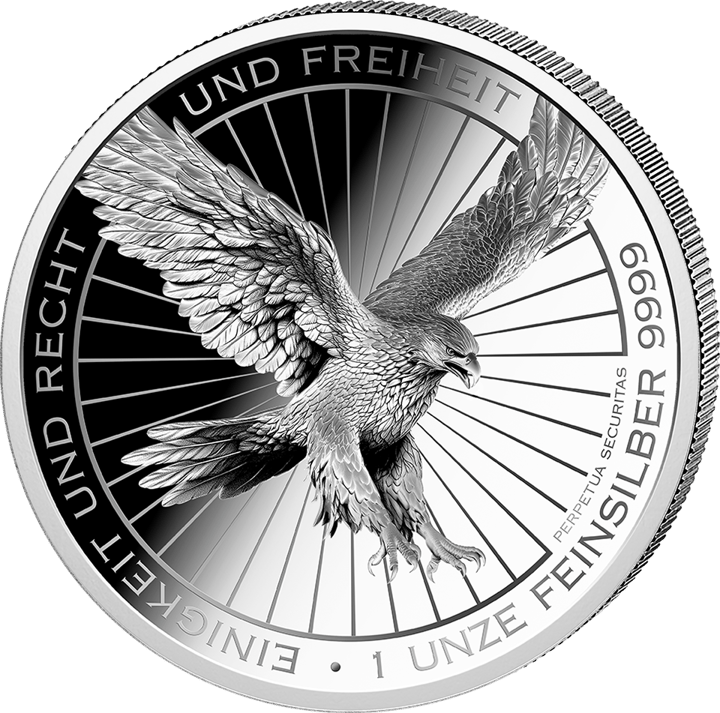 Lado del águila: un águila en vuelo ante unos rayos, alrededor EINIGKEIT UND RECHT UND FREIHEIT, el peso y la ley