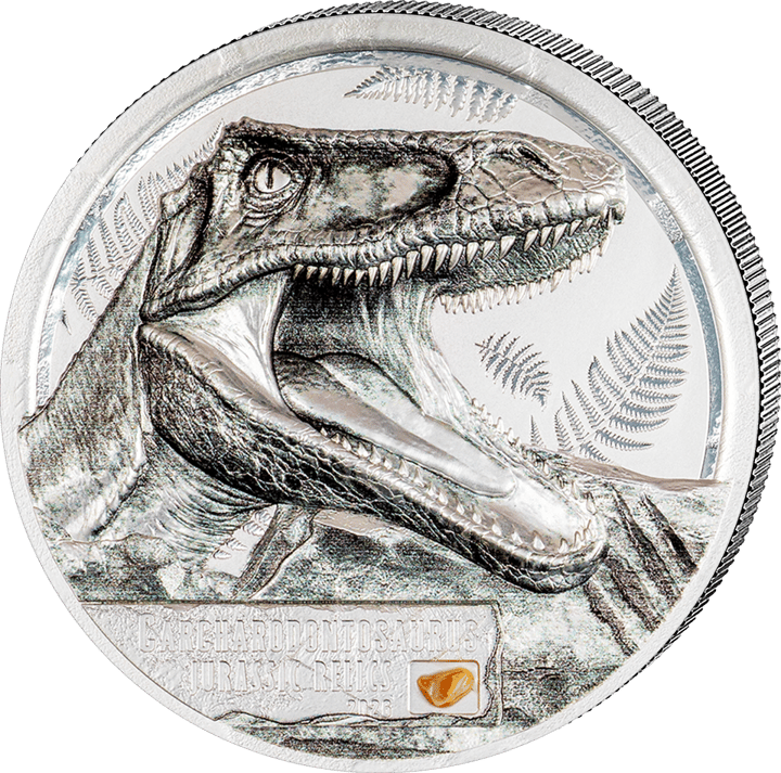 Carcharodontosaurus on 1 ounce of silver, reverse, image