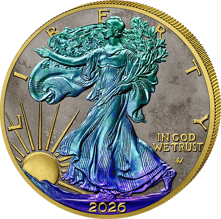 Imagen del anverso con su acabado: Walking Liberty en un degradado de turquesa, azul y violeta, el sol, las inscripciones y el borde en oro, el fondo gris