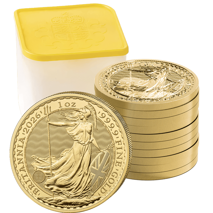 Münztube mit gelbem Deckel, daneben ein Stapel Goldmünzen und eine einzelne Britannia