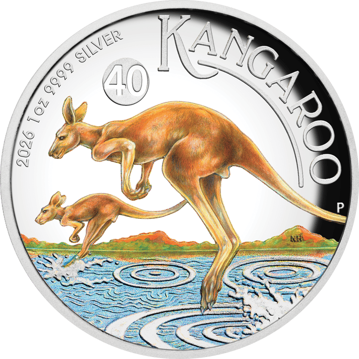 Abbildung der Känguruseite: zwei farbige Kängurus springen durch blaues Wasser mit Ringwellen, oben KANGAROO und eine 40, am Rand 2026 1oz 9999 SILVER