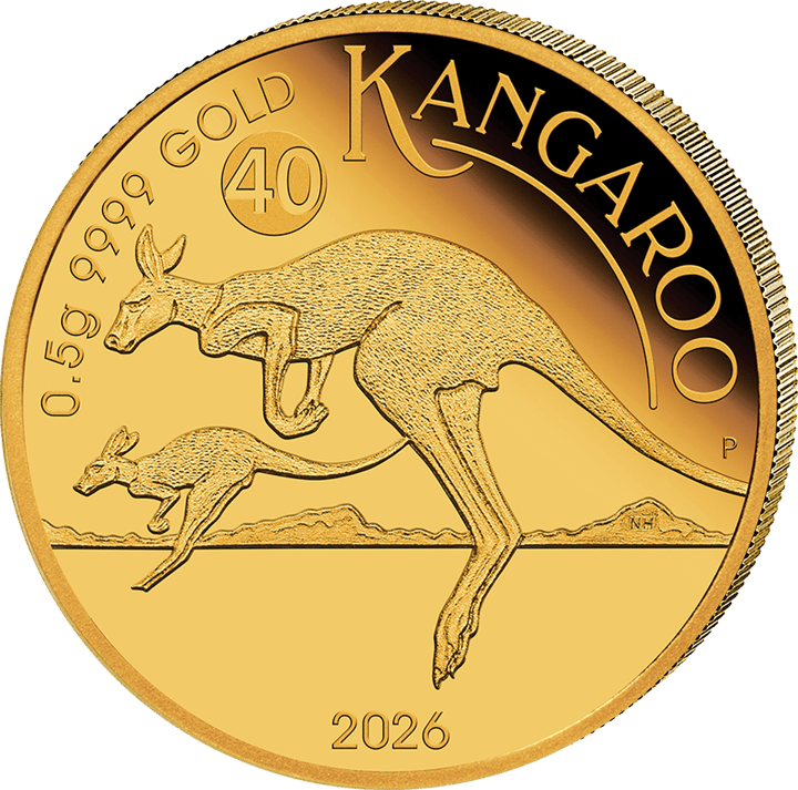 Abbildung der Känguruseite: zwei Kängurus im Sprung vor einer Linie mit Hügeln, oben KANGAROO und eine 40, unten 2026, am Rand 0.5g 9999 GOLD