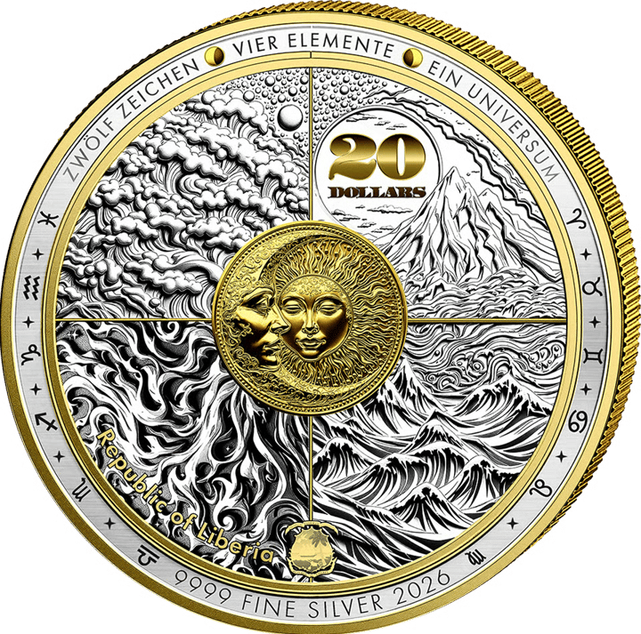 Product image of the obverse: in the centre the sun and a crescent moon, around them clouds, a mountain, flames and waves, top right 20 DOLLARS, below the coat of arms of Liberia, parts gilded