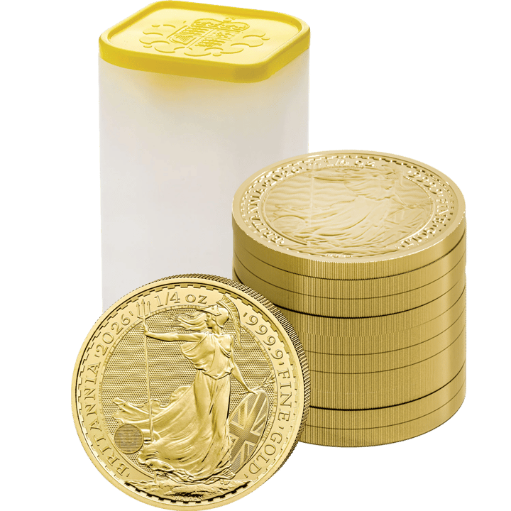 Münztube mit gelbem Deckel, daneben ein Stapel Goldmünzen und eine einzelne Britannia