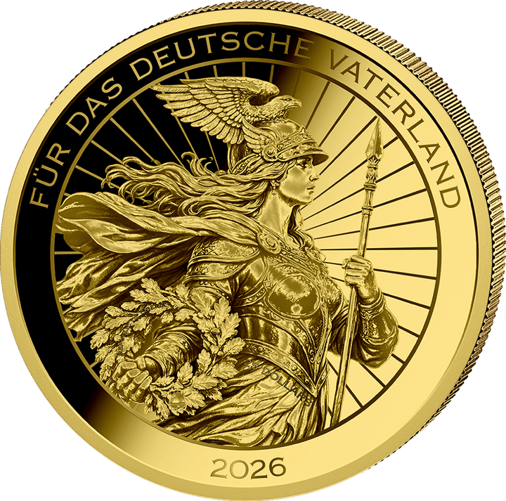 Lado de Germania: Germania con casco, lanza y hojas de roble ante unos rayos, alrededor FÜR DAS DEUTSCHE VATERLAND y 2026