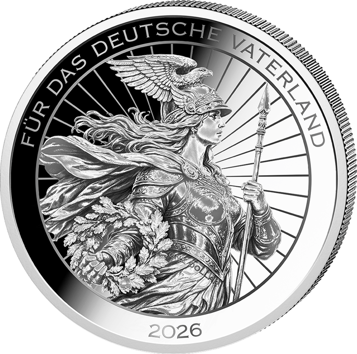 Germania side: Germania with helmet, spear and oak leaves against rays, around it FÜR DAS DEUTSCHE VATERLAND and 2026