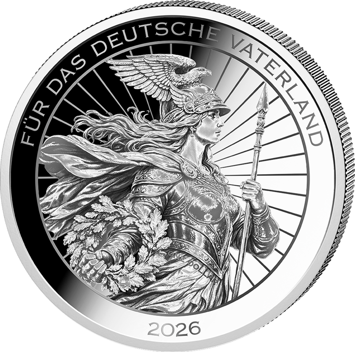 Germania side: Germania with helmet, spear and oak leaves against rays, around it FÜR DAS DEUTSCHE VATERLAND and 2026