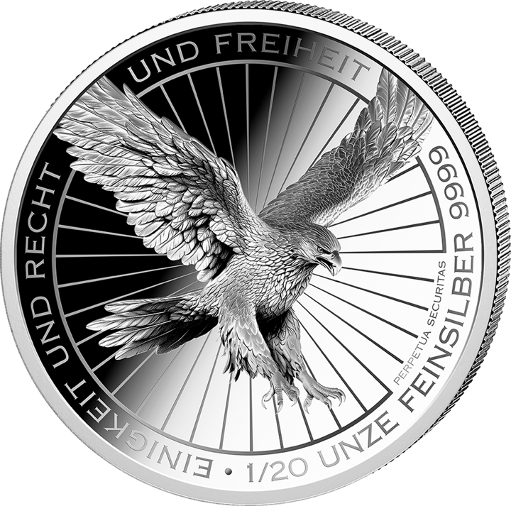 Eagle side: an eagle in flight against rays, around it EINIGKEIT UND RECHT UND FREIHEIT, the weight and the fineness