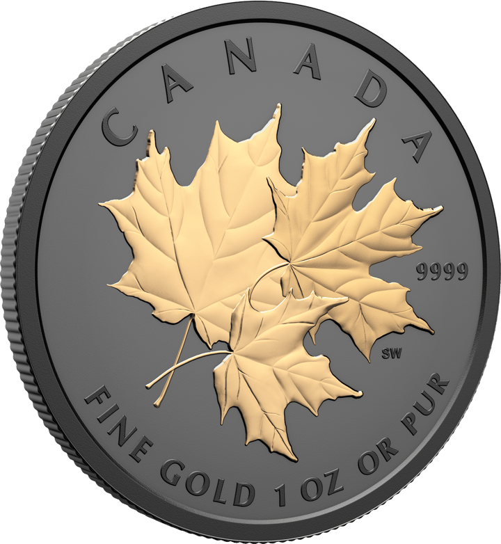 Seite mit den Blättern: drei einzelne, sich überlappende Ahornblätter, oben CANADA, rechts 9999 und das Kürzel SW, unten Metall und Gewicht in Englisch und Französisch