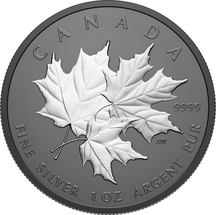 Seite mit den Blättern: drei einzelne, sich überlappende Ahornblätter, oben CANADA, rechts 9999 und das Kürzel SW, unten Metall und Gewicht in Englisch und Französisch