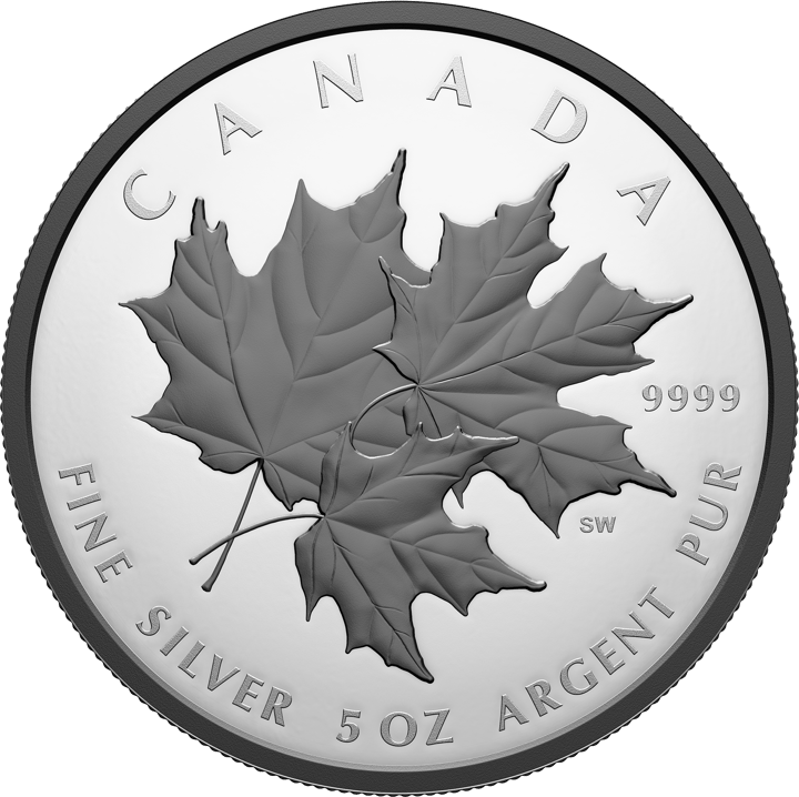Seite mit den Blättern: drei einzelne, sich überlappende Ahornblätter, oben CANADA, rechts 9999 und das Kürzel SW, unten Metall und Gewicht in Englisch und Französisch