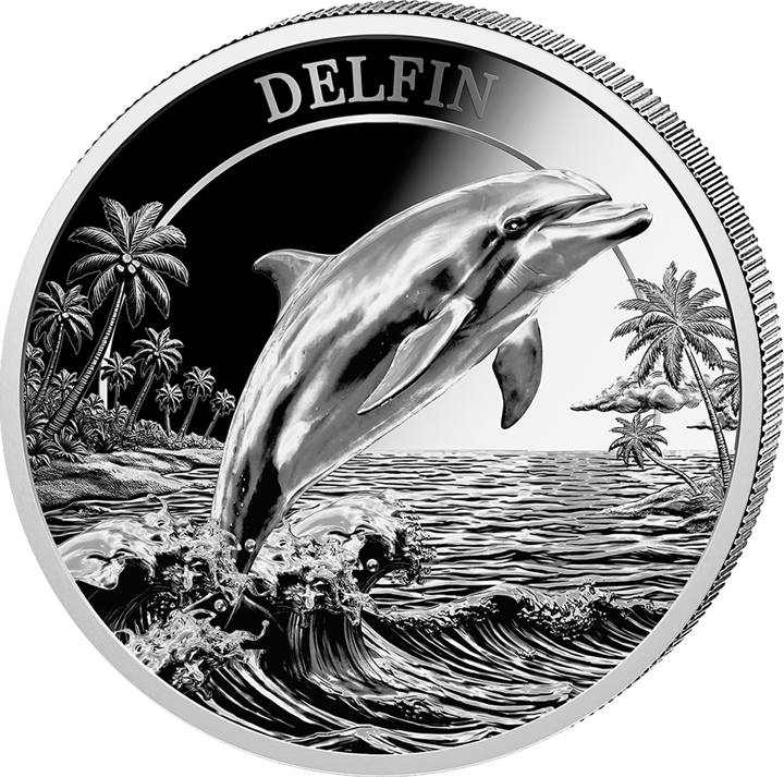 Delfin auf 1 Unze Silber, Bildseite, Abbildung