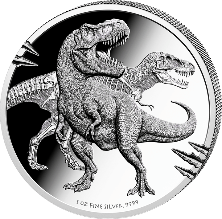 Tyrannosaurus rex on 1 ounce of silver, reverse, image