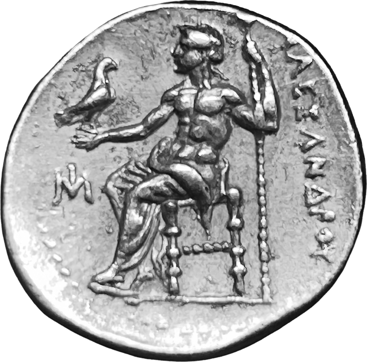 Drachme auf den Namen Alexanders des Großen, Rückseite: Zeus auf dem Thron mit Adler und Zepter, rechts senkrecht ΑΛΕΞΑΝΔΡΟΥ, links ein kleines M