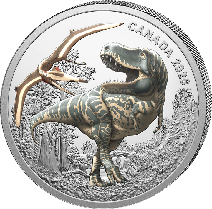 Tyrannosaurus rex en 1 onza de plata, reverso, imagen