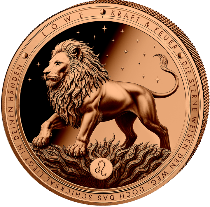 Product image of the reverse: a striding lion with a mane, above flames