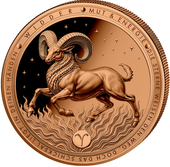 Product image of the reverse: a leaping ram with curled horns, flames beneath it