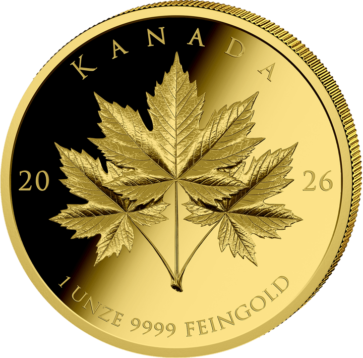 Leaf side: three maple leaves on a shared stem, KANADA at the top, 20 and 26 on the left and right, the weight and fineness at the bottom