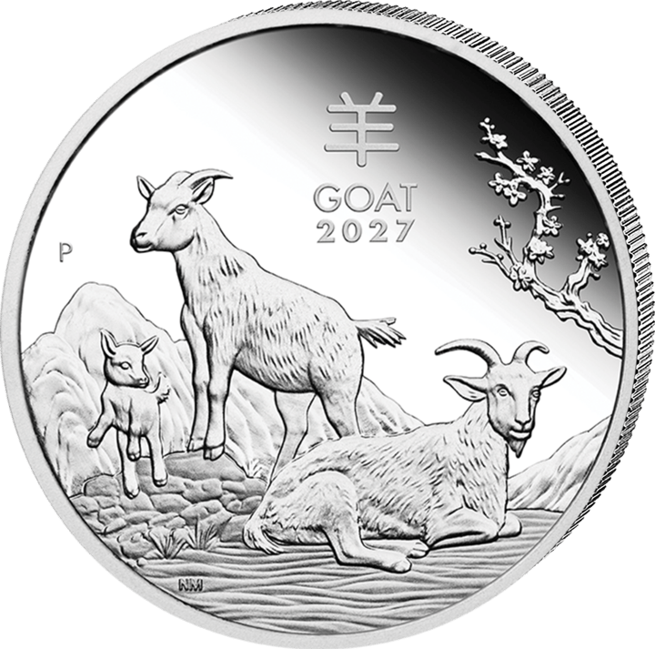 Abbildung der Tierseite: drei Ziegen vor Bergen, rechts ein blühender Zweig, oben das Zeichen 羊 und GOAT 2027, links ein P