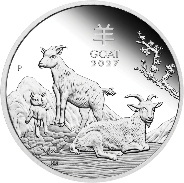 Abbildung der Tierseite: drei Ziegen vor Bergen, rechts ein blühender Zweig, oben das Zeichen 羊 und GOAT 2027, links ein P