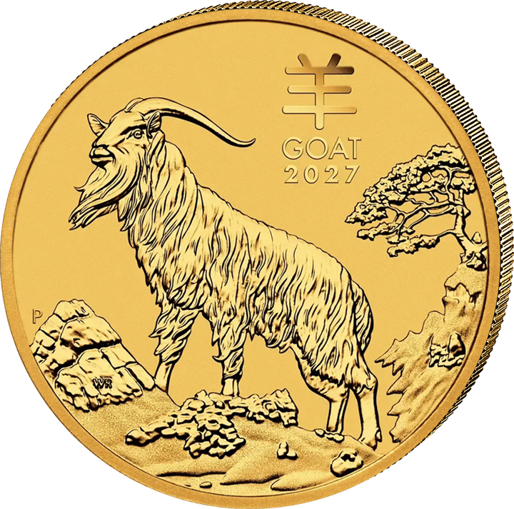 Abbildung der Tierseite: eine Ziege mit langen Hörnern und Bart auf felsigem Grund, rechts ein Baum, rechts oben das Zeichen 羊 und GOAT 2027, links ein P