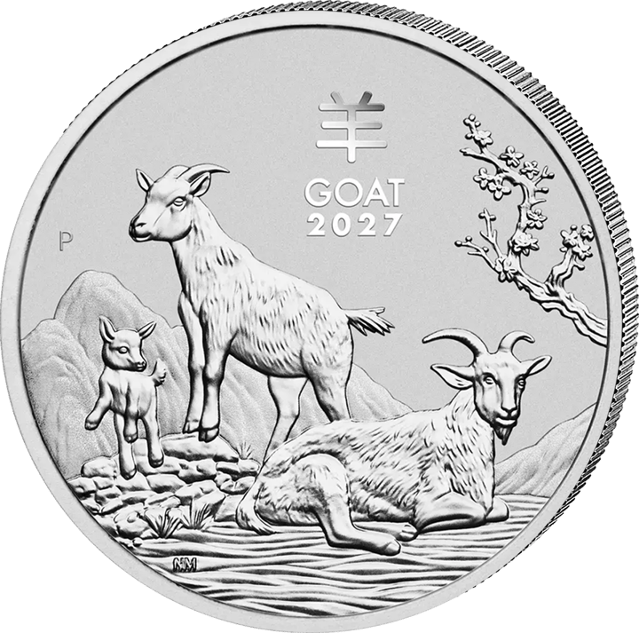 Abbildung der Tierseite: drei Ziegen vor Bergen, rechts ein blühender Zweig, oben das Zeichen 羊 und GOAT 2027, links ein P