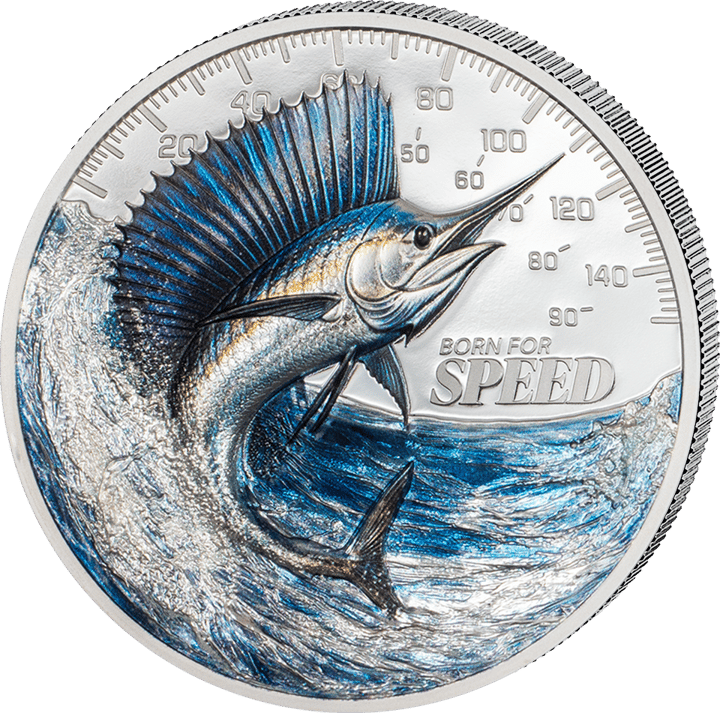 Segelfisch auf 1 Unze Silber, Bildseite, Abbildung
