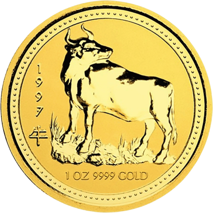 Lunar I Ochse 1997: ein stehender Ochse im Gras, links senkrecht die Jahreszahl 1997 und darunter das Zeichen 牛, unten 1 OZ 9999 GOLD
