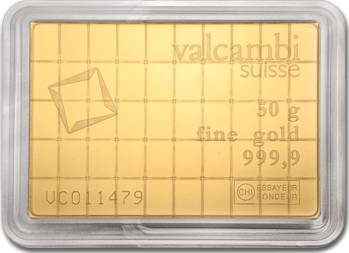 Back of the tablet with valcambi suisse, 50 g, fine gold 999,9, the serial number and the ESSAYEUR FONDEUR mark