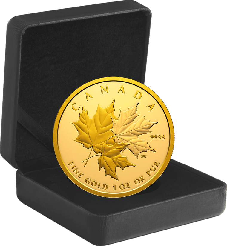 Die Münze in ihrem Etui der Royal Canadian Mint