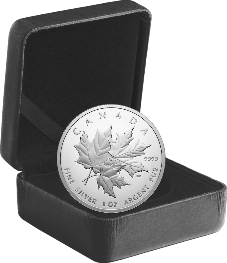 Die Münze in ihrem Etui der Royal Canadian Mint