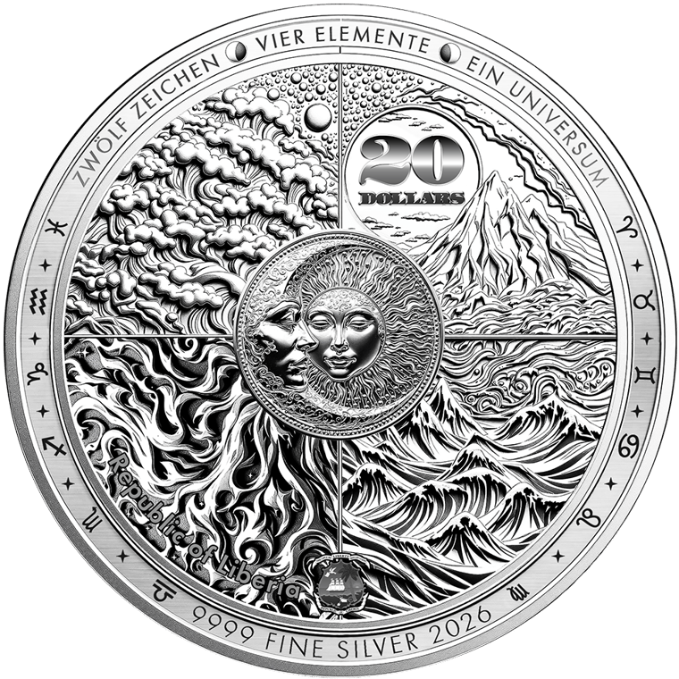 Product image of the obverse: in the centre the sun and a crescent moon, around them clouds, a mountain, flames and waves, top right 20 DOLLARS, below the coat of arms of Liberia