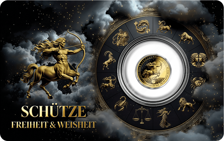 Product image of the coincard: on the left the figure and name of the sign, on the right the gold coin in the circle of the twelve figures