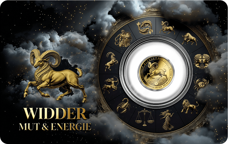 Imagen del producto, coincard: a la izquierda la figura y el nombre del signo, a la derecha la moneda de oro en el círculo de las doce figuras