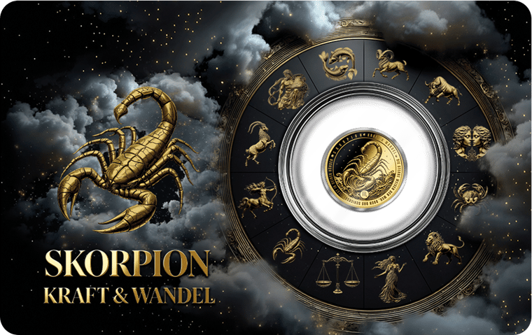 Product image of the coincard: on the left the figure and name of the sign, on the right the gold coin in the circle of the twelve figures