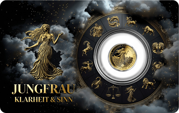 Imagen del producto, coincard: a la izquierda la figura y el nombre del signo, a la derecha la moneda de oro en el círculo de las doce figuras