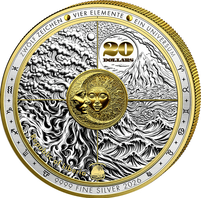 Product image of the obverse: in the centre the sun and a crescent moon, around them clouds, a mountain, flames and waves, top right 20 DOLLARS, below the coat of arms of Liberia, parts gilded