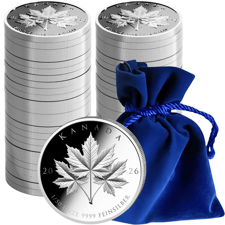 Stacks of small silver coins, a blue velvet pouch and a single coin