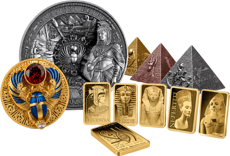 Las piezas de la colección Tesoros de los Faraones - Colección Antiguo Egipto (incl. 1 kg moneda de plata)
