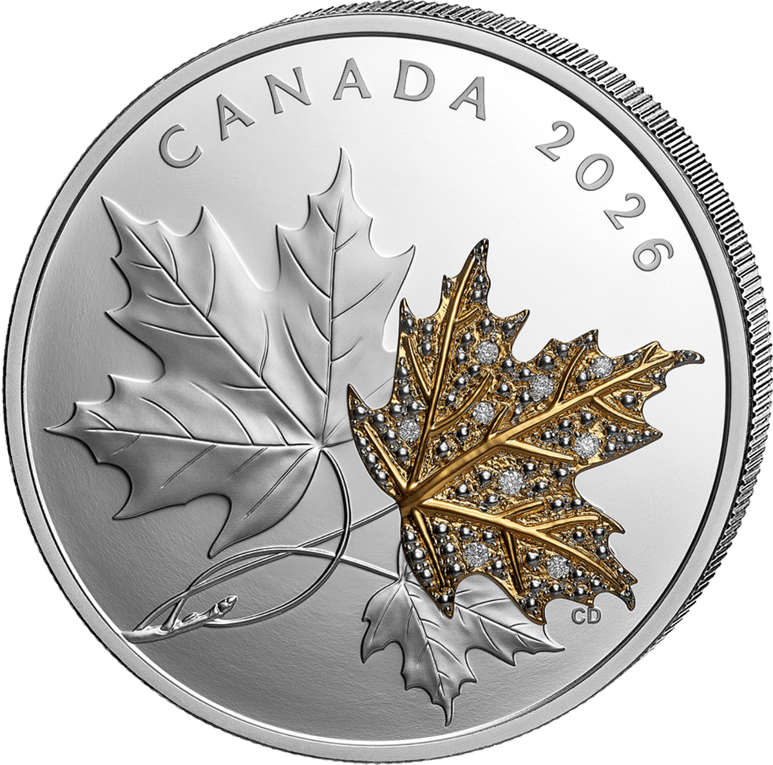 2 Unze Silber Maple Leaf 2026 (Auflage: 1.850 | teilvergoldet | Diamant | Polierte Platte)