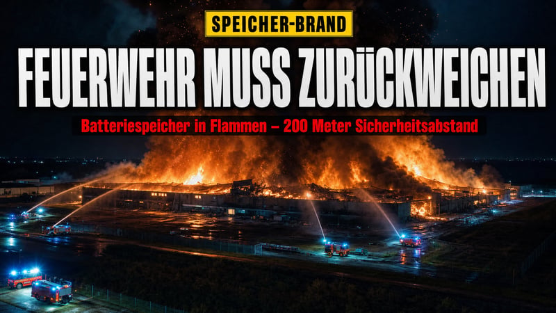 Batteriespeicher in Flammen: Feuerwehr muss 200 Meter zurückweichen