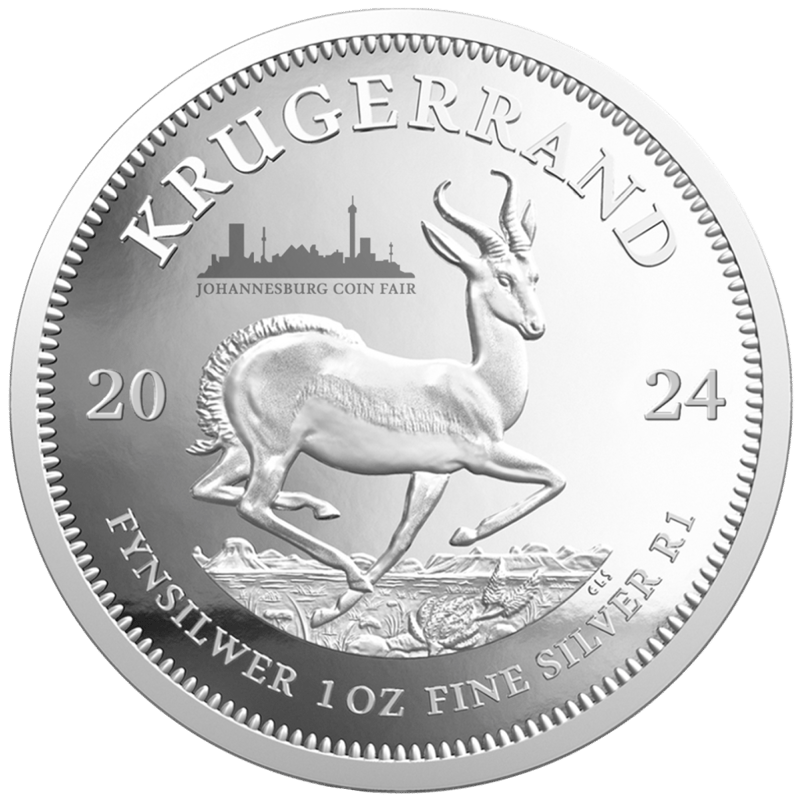 Privy Mark mit Stadtbild über JOHANNESBURG COIN FAIR auf einer Silberunze