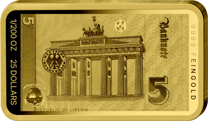 Abbildung der Rückseite des Barrens mit dem Motiv der Rückseite des 5-Mark-Scheins, dazu 1/200 OZ, 25 DOLLARS, REPUBLIC OF LIBERIA und 9999 FEINGOLD