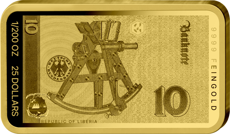 Abbildung der Rückseite des Barrens mit dem Motiv der Rückseite des 10-Mark-Scheins, dazu 1/200 OZ, 25 DOLLARS, REPUBLIC OF LIBERIA und 9999 FEINGOLD