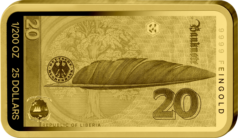 Abbildung der Rückseite des Barrens mit dem Motiv der Rückseite des 20-Mark-Scheins, dazu 1/200 OZ, 25 DOLLARS, REPUBLIC OF LIBERIA und 9999 FEINGOLD