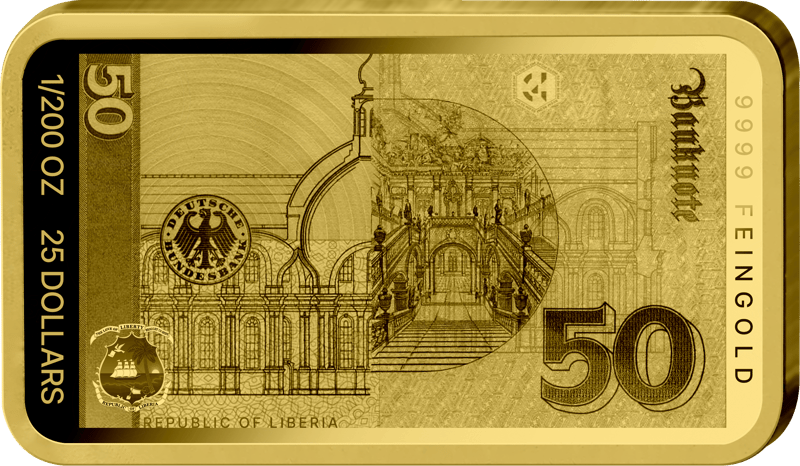Abbildung der Rückseite des Barrens mit dem Motiv der Rückseite des 50-Mark-Scheins, dazu 1/200 OZ, 25 DOLLARS, REPUBLIC OF LIBERIA und 9999 FEINGOLD